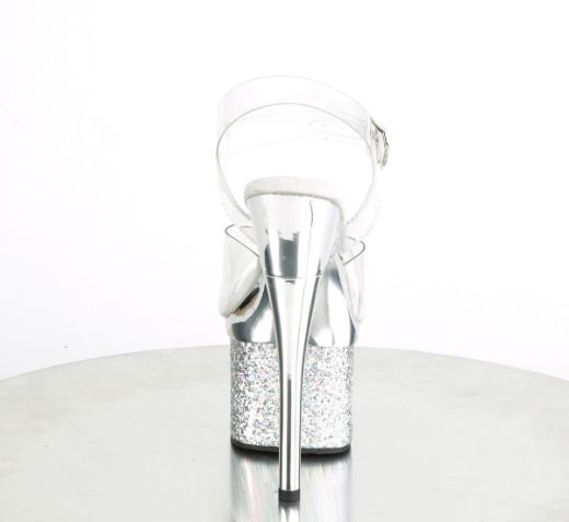Product image of Pleaser ESTEEM-708CHLG Clear/Silver Chrome-Multicolour Glitter 7 inch (17.8 cm) Heel 3 inch (7.6 cm) Platform Ankle Strap Sandal