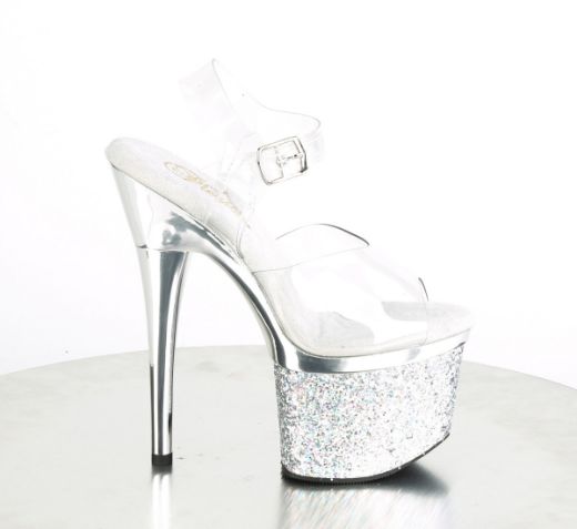 Product image of Pleaser ESTEEM-708CHLG Clear/Silver Chrome-Multicolour Glitter 7 inch (17.8 cm) Heel 3 inch (7.6 cm) Platform Ankle Strap Sandal