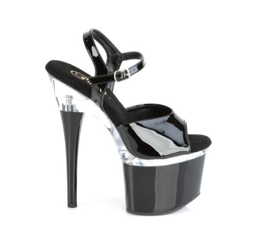 Product image of Pleaser ESTEEM-709 Black Patent/Clear-Black 7 inch (17.8 cm) Heel 3 inch (7.6 cm) Platform Ankle Strap Sandal Shoes