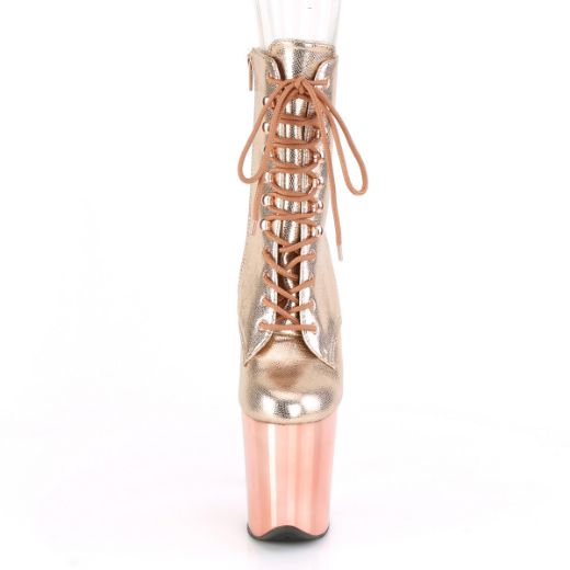 Product image of Pleaser FLAMINGO-1020 Rose Gold Textured Metallic/Rose Gold Chrome 8 inch (8 cm) Heel 4 inch (10 cm) Platform Lace-Up Front Ankle Boot Side Zip