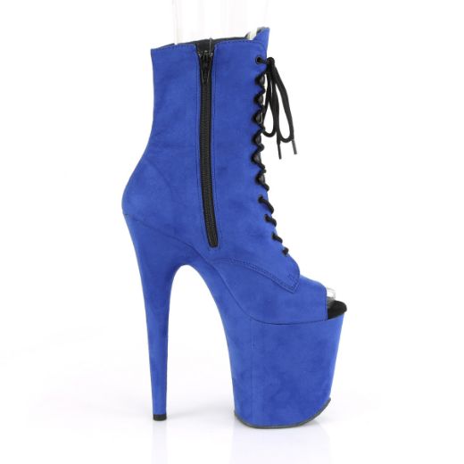 Product image of Pleaser FLAMINGO-1021FS Royal Blue Faux Suede/Royal Blue Faux Suede 8 inch (20 cm) Heel 4 inch (10 cm) Platform Open Toe Lace-Up Ankle Boot Side Zip