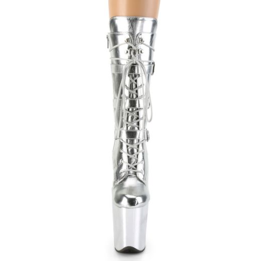 Product image of Pleaser FLAMINGO-1053 Silver Metallic Polyurethane (Pu)/Silver Metallic Polyurethane (Pu) 8 inch (20 cm) Heel 4 inch (10 cm) Platform Lace-Up Front Mid Calf Boot Side Zip