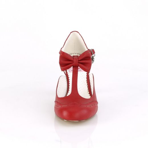 Product image of Pin Up Couture FLAPPER-11 Red Faux Leather 3 inch (7.5 cm) Kitten Heel Round Toe T-Straps Pump With Bows Court Pump Shoes