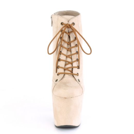 Product image of Pleaser RADIANT-1005 Beige Faux Suede/Beige Faux Suede 7 inch (17.8 cm) Heel 3 1/4 inch (8.3 cm) Platform Lace-Up Front Ankle Bootie Inside Zip