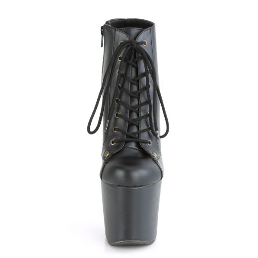 Product image of Pleaser RADIANT-1005 Black Faux Leather/Black Faux Leather 7 inch (17.8 cm) Heel 3 1/4 inch (8.3 cm) Platform Lace-Up Front Ankle Bootie Inside Zip