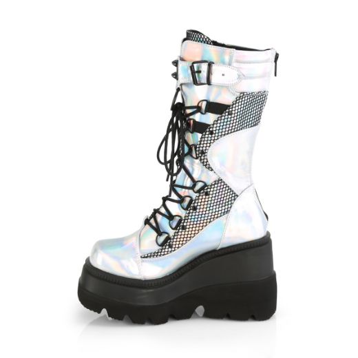 Product image of Demonia SHAKER-70 Silver Holographic Vegan Faux Leather-Black Fishnet 4 1/2 inch Wedge Platform Lace-Up Mid-Calf Boot Back Metal Zip