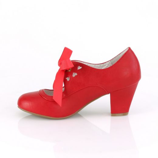 Product image of Pin Up Couture WIGGLE-32 Red Faux Leather 2 1/2 inch (6.5 cm) Cuben Heel Heel Mary Jane Pump With Ribbon Tie Court Pump Shoes