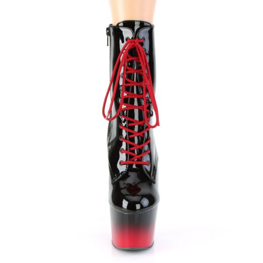 Product image of Pleaser ADORE-1020BR-H Black Patent/Black-Red 7 inch (17.8 cm) Heel 2 3/4 inch (7 cm) Platform Two Tone Lace-Up Ankle Boot Side Zip