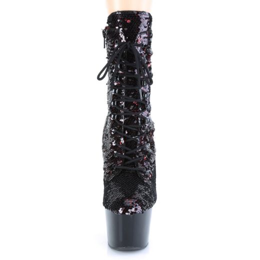 Product image of Pleaser ADORE-1020SQ Black-Red Flip Sequins/Black 7 inch (17.8 cm) Heel 2 3/4 inch (7 cm) Platform Lace-Up Sequins Ankle Boot Side Zip