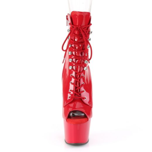 Product image of Pleaser ADORE-1021 Red Patent/Red 7 inch (17.8 cm) Heel 2 3/4 inch (7 cm) Platform Peep Toe Lace-Up Ankle Boot Side Zip