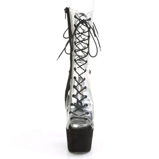 Product image of Pleaser ADORE-700-60FS Clear/Black Faux Suede 7 inch (17.8 cm) Heel 2 3/4 inch (7 cm) Platform Lace-Up Mid Calf Boot Side Zip