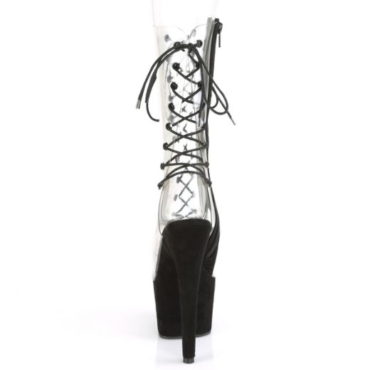 Product image of Pleaser ADORE-700-60FS Clear/Black Faux Suede 7 inch (17.8 cm) Heel 2 3/4 inch (7 cm) Platform Lace-Up Mid Calf Boot Side Zip