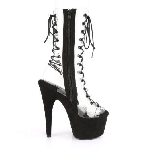 Product image of Pleaser ADORE-700-60FS Clear/Black Faux Suede 7 inch (17.8 cm) Heel 2 3/4 inch (7 cm) Platform Lace-Up Mid Calf Boot Side Zip