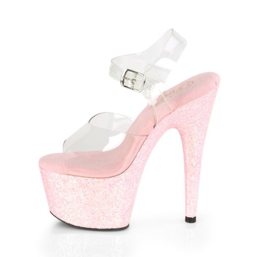 Product image of Pleaser ADORE-708LG Clear/Baby Pink Glitter 7 inch (17.8 cm) Heel 2 3/4 inch (7 cm) Platform Ankle Strap Sandal With Glitter Bottom Shoes