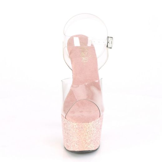 Product image of Pleaser ADORE-708LG Clear/Dusty Blush Glitter 7 inch (17.8 cm) Heel 2 3/4 inch (7 cm) Platform Ankle Strap Sandal With Glitter Bottom Shoes