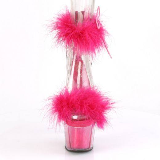Product image of Pleaser ADORE-724F Clear-Hot Pink Faux Fur/Hot Pink Faux Fur 7 inch (17.8 cm) Heel 2 3/4 inch (7 cm) Platform Faux Feathers Faux Fur Ankle Cuff Sandal Back Zip