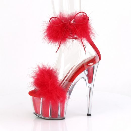 Product image of Pleaser ADORE-724F Clear-Red Faux Fur/Red Faux Fur 7 inch (17.8 cm) Heel 2 3/4 inch (7 cm) Platform Faux Feathers Faux Fur Ankle Cuff Sandal Back Zip