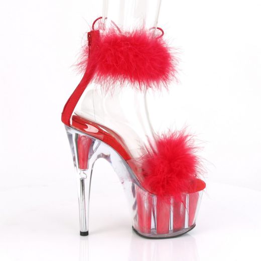 Product image of Pleaser ADORE-724F Clear-Red Faux Fur/Red Faux Fur 7 inch (17.8 cm) Heel 2 3/4 inch (7 cm) Platform Faux Feathers Faux Fur Ankle Cuff Sandal Back Zip
