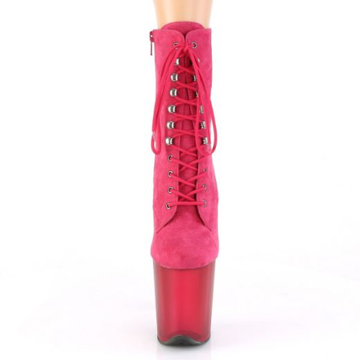 Product image of Pleaser FLAMINGO-1020FST Hot Pink Faux Suede/Frosted Hot Pink 8 inch (20 cm) Heel 4 inch (10 cm) Tinted Platform Lace-Up Front Ankle Boot Side Zip