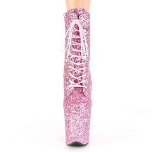Product image of Pleaser FLAMINGO-1020GWR Baby Pink Glitter/Baby Pink Glitter 8 inch (20 cm) Heel 4 inch (10 cm) Platform Lace-Up Glitter Ankle Boot Side Zip
