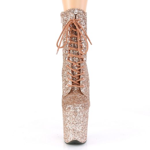 Product image of Pleaser FLAMINGO-1020GWR Rose Gold Glitter/Rose Gold Glitter 8 inch (20 cm) Heel 4 inch (10 cm) Platform Lace-Up Glitter Ankle Boot Side Zip