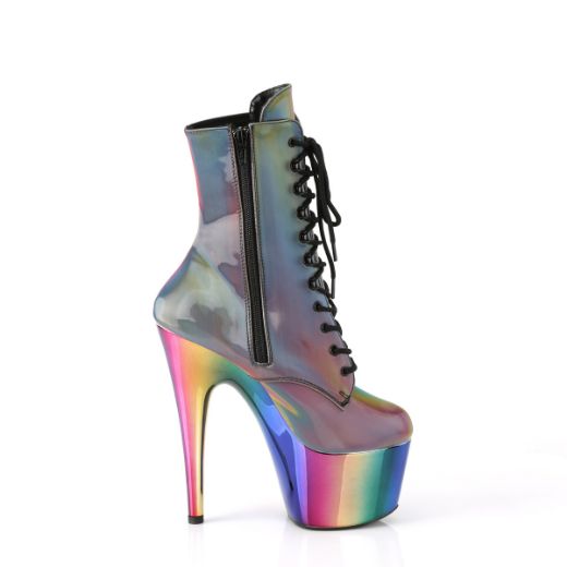 Product image of Pleaser ADORE-1020RC-REFL Rainbow Reflective/Rainbow Chrome 7 inch (17.8 cm) Heel 2 3/4 inch (7 cm) Chromed Platform Lace-Up Ankle Boot Side Zip