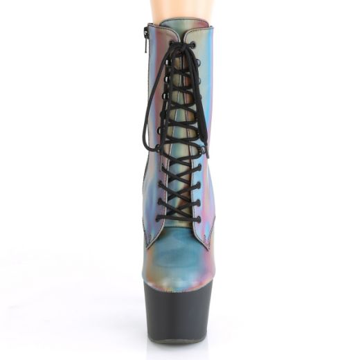 Product image of Pleaser ADORE-1020REFL Rainbow Reflective/Black Matte 7 inch (17.8 cm) Heel 2 3/4 inch (7 cm) Platform Lace-Up Front Ankle Boot Side Zip