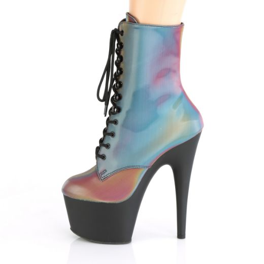 Product image of Pleaser ADORE-1020REFL Rainbow Reflective/Black Matte 7 inch (17.8 cm) Heel 2 3/4 inch (7 cm) Platform Lace-Up Front Ankle Boot Side Zip