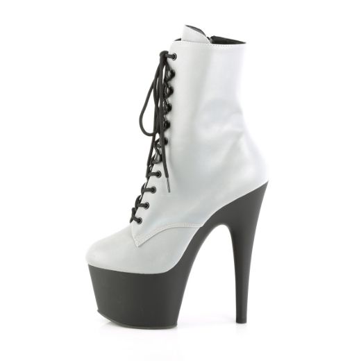 Product image of Pleaser ADORE-1020REFL Silver Reflective/Black Matte 7 inch (17.8 cm) Heel 2 3/4 inch (7 cm) Platform Lace-Up Front Ankle Boot Side Zip