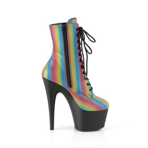 Product image of Pleaser ADORE-1020REFL-02 Rainbow Reflective/Black Matte 7 inch (17.8 cm) Heel 2 3/4 inch (7 cm) Platform Lace-Up Front Ankle Boot Side Zip