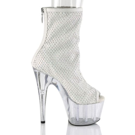 Product image of Pleaser ADORE-1031GM White Fabric-Rhinestones/Clear 7 inch (17.8 cm) Heel 2 3/4 inch (7 cm) Platform Open Toe Ankle Boot Back Zip