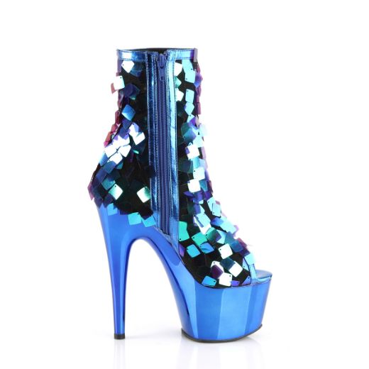 Product image of Pleaser ADORE-1031SSQ Iri.Green Sequins-R.Blue Metpu/R.Bluechrome 7 inch (17.8 cm) Heel 2 3/4 inch (7 cm) Platform Open Toe Ankle Boot Side Zip