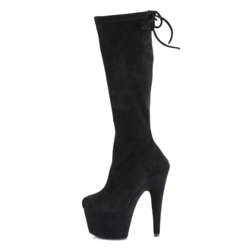 Product image of Pleaser ADORE-2008 Black Stretch Faux Suede/Black Faux Suede 7 inch (17.8 cm) Heel 2 3/4 inch (7 cm) Platform Stretch Pull-On Knee Boot