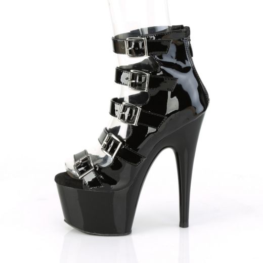 Product image of Pleaser ADORE-700-33 Black Patent/Black 7 inch (17.8 cm) Heel 2 3/4 inch (7 cm) Platform Buckles-Up Strappy Ankle Bootie Back Zip