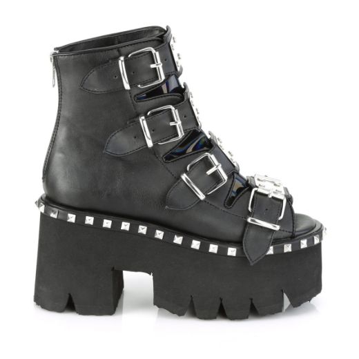 Product image of Demonia ASHES-70 Black V Faux Leather & Holographic 3 1/2 inch (9 cm) Chunky Heel 2 1/4 inch Platform Ankle Boot Back Metal Zip