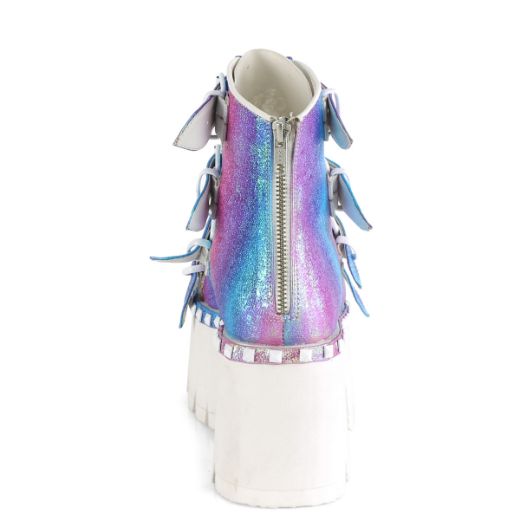 Product image of Demonia ASHES-70 Purple Multicolour Iridescent V Faux Leather 3 1/2 inch (9 cm) Chunky Heel 2 1/4 inch Platform Ankle Boot Back Metal Zip