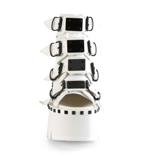 Product image of Demonia ASHES-70 White Vegan Faux Leather 3 1/2 inch (90 cm) Chunky Heel 2 1/4 inch Platform Ankle Boot Back Metal Zip