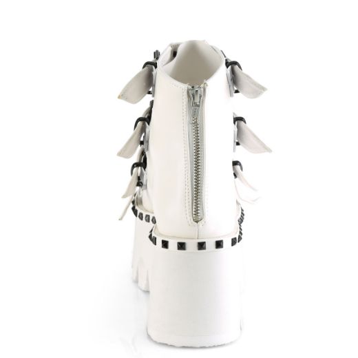 Product image of Demonia ASHES-70 White Vegan Faux Leather 3 1/2 inch (90 cm) Chunky Heel 2 1/4 inch Platform Ankle Boot Back Metal Zip