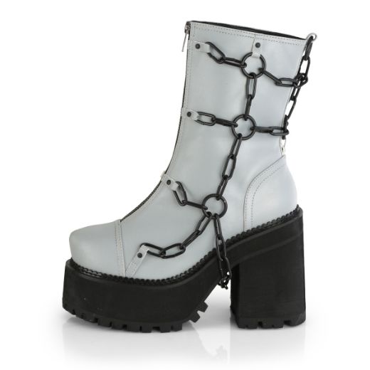 Product image of Demonia ASSAULT-66 Grey Reflective Vegan Faux Leather 4 3/4 inch (12.1 cm) Heel 2 1/4 inch (5.7 cm) Platform Ankle Boot Front Zip
