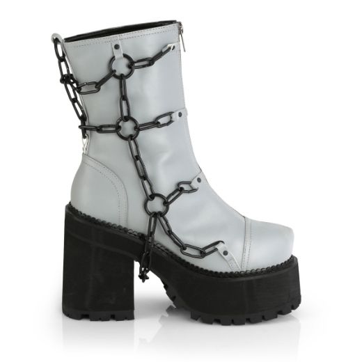 Product image of Demonia ASSAULT-66 Grey Reflective Vegan Faux Leather 4 3/4 inch (12.1 cm) Heel 2 1/4 inch (5.7 cm) Platform Ankle Boot Front Zip