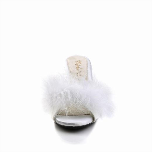 Product image of Fabulicious BELLE-301F White Polyurethane (Pu)-Faux Fur/Clear 3 inch (7.6 cm) Heel 1/8 inch (0.3 cm) Mini Platform Faux Feathers Faux Fur Slide Slide Mule Shoes