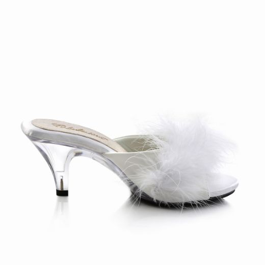 Product image of Fabulicious BELLE-301F White Polyurethane (Pu)-Faux Fur/Clear 3 inch (7.6 cm) Heel 1/8 inch (0.3 cm) Mini Platform Faux Feathers Faux Fur Slide Slide Mule Shoes