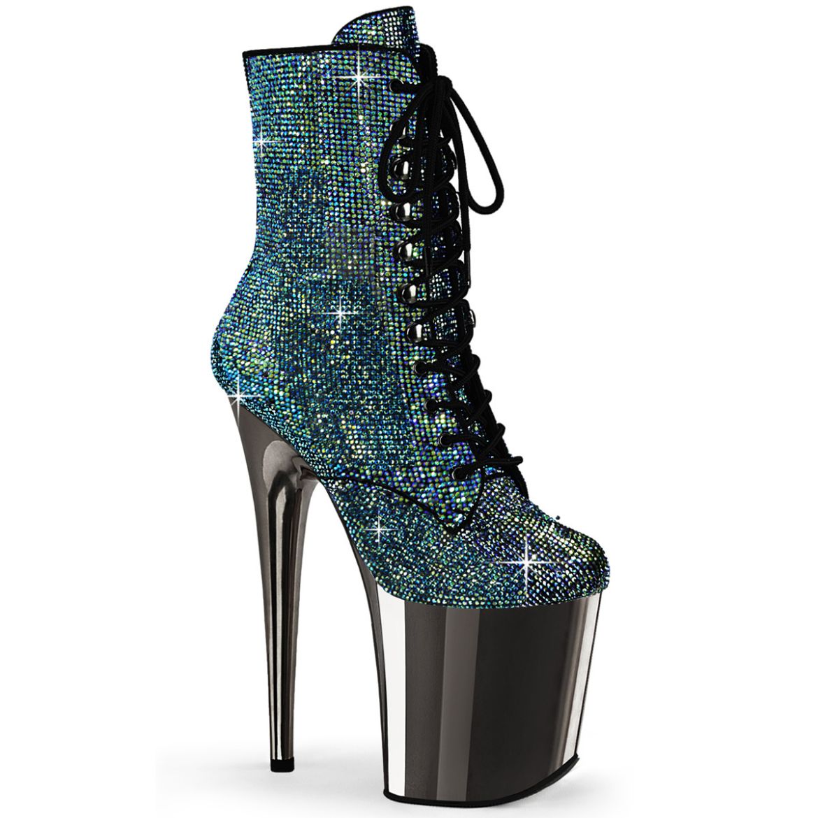 Product image of Pleaser FLAMINGO-1020CHRS Turquoise Multi RS/Pewter Chrome 8 Inch Heel  4 Inch PF Lace-Up RS Embellished Ankle Boot Side Zip
