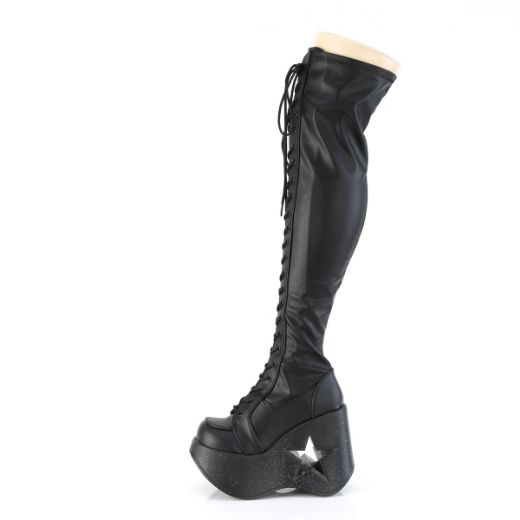 Product image of Demonia DYNAMITE-300-1 Blk Str Vegan Leather *5 InchStar Cutout PF Wedge Lace-Up Thigh-High BootOutside Zip