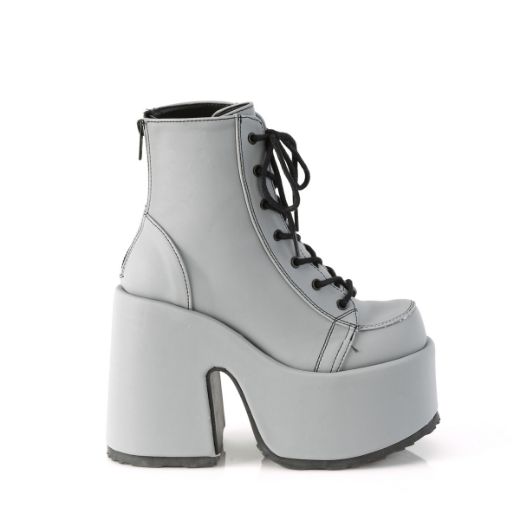 Product image of Demonia CAMEL-203 Grey Reflective Vegan Faux Leather 5 inch (12.7 cm) Chunky Heel 3 inch (7.5 cm) Platform Lace-Up Ankle Boot Metal Back Zip