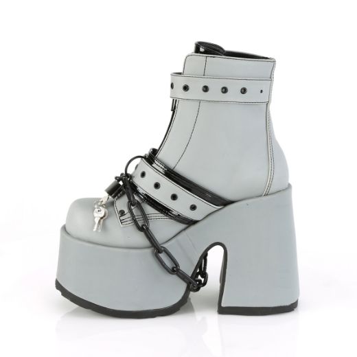 Product image of Demonia CAMEL-205 Grey Reflective Vegan Faux Leather 5 inch (12.7 cm) Chunky Heel 3 inch (7.5 cm) P/F Lace-Up Ankle Boot Front Metal Zip