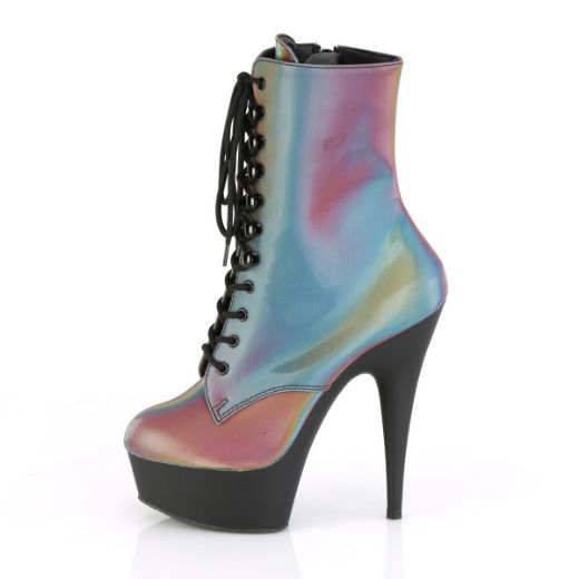 Product image of Pleaser DELIGHT-1020REFL Rainbow Reflective/Black Matte 6 inch (15.2 cm) Heel 1 3/4 inch (4.5 cm) Platform Lace-Up Front Ankle Boot Side Zip