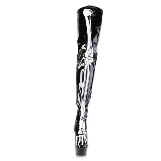 Product image of Pleaser DELIGHT-3000BONE Black Stretch Patent/Black 6 inch (15.2 cm) Heel 1 3/4 inch (4.5 cm) Platform Stretch Thigh Boot With Bones Inside Zip