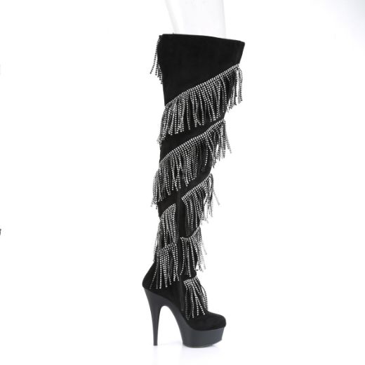 Product image of Pleaser DELIGHT-3065 Black Faux Suede-Silver/Black Matte 6 inch (15.2 cm) Heel 1 3/4 inch (4.5 cm) Platform Thigh Boot With Rhinestones Fringe Inside Zip Thigh High Boot