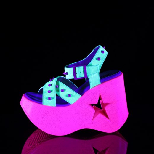 Product image of Demonia DYNAMITE-02 Neon Yellow Glitter/Pink 5 inch (12.7 cm) Stars Cutout Platform Wedge Ankle Strap Sandal Shoes